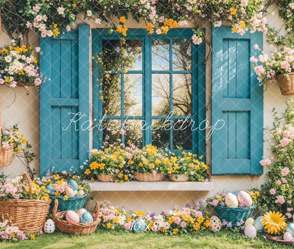 On Sale Kate Easter Bunny Floral Blue Window Backdrop Designed by Emetselch