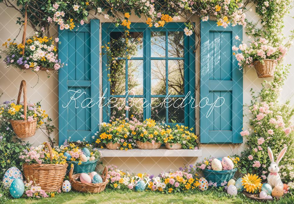 On Sale Kate Easter Bunny Floral Blue Window Backdrop Designed by Emetselch