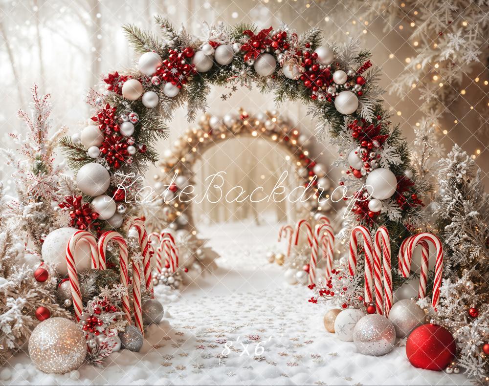 Kate Christmas Candy Cane Arch Snow Fleece Backdrop Designed by Emetselch