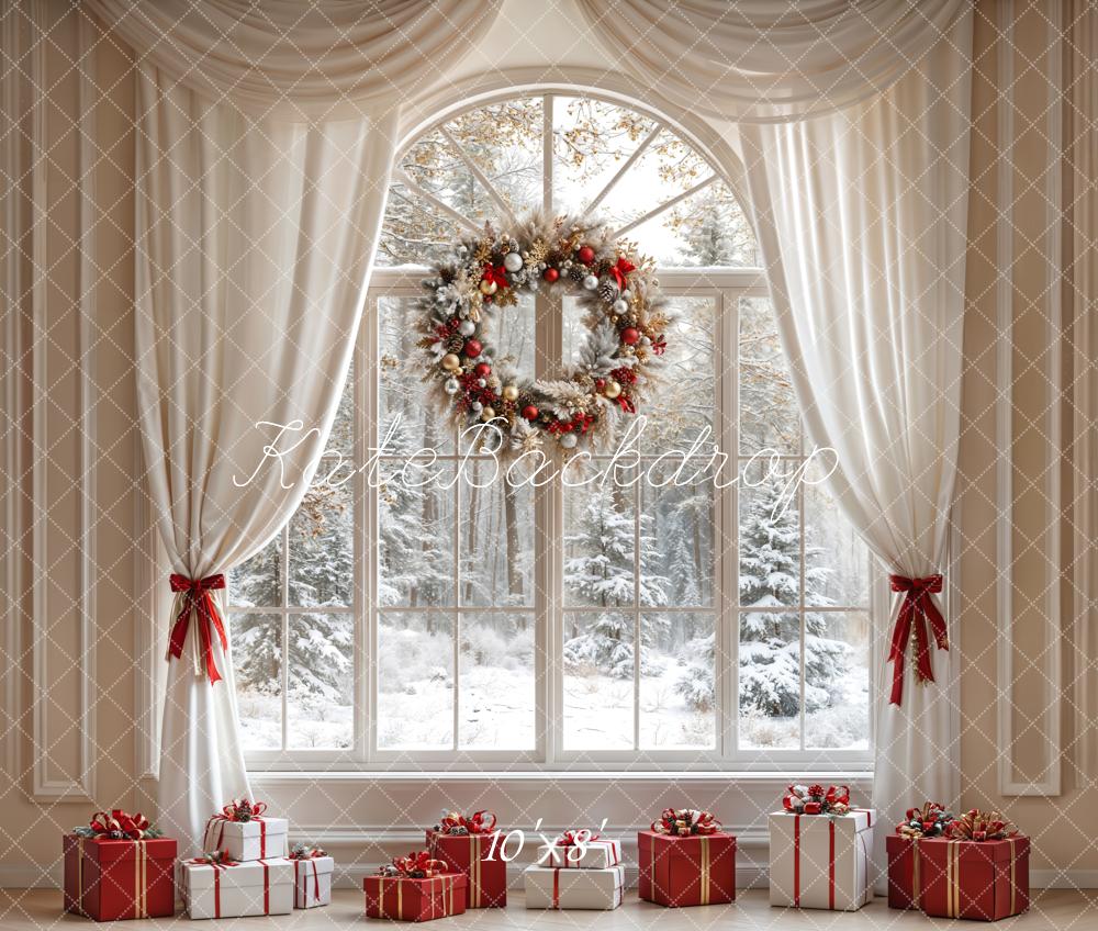 Kate Christmas White Curtain Window Fleece Backdrop Designed by Emetselch -UK