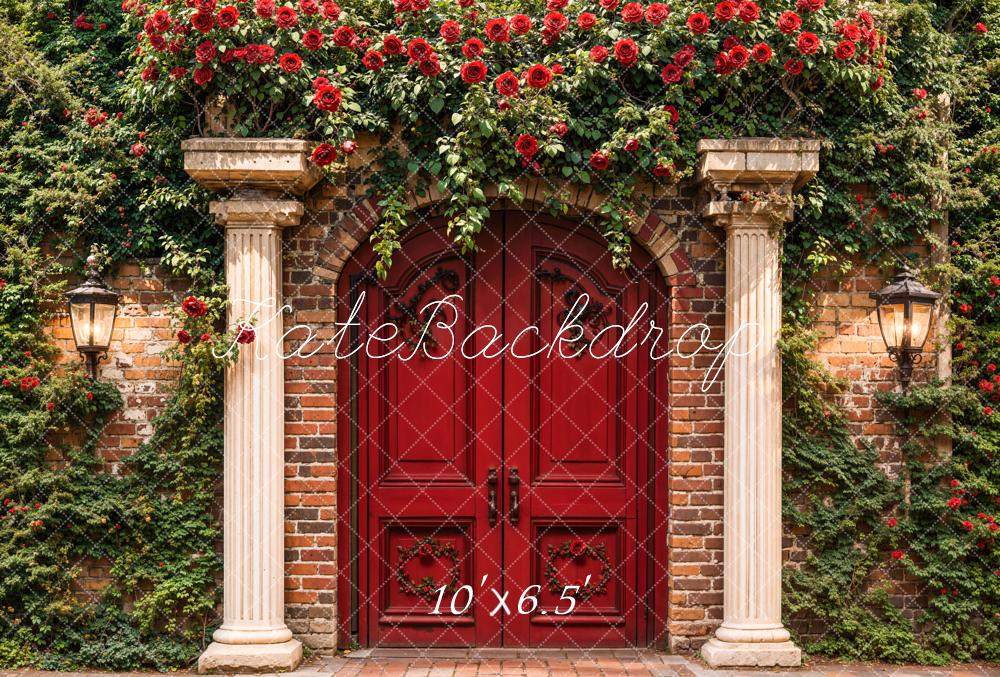 Kate Spring Red Arch Door Floral Fleece Backdrop Designed by Emetselch -UK