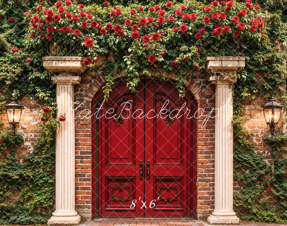 Kate Spring Red Arch Door Floral Fleece Backdrop Designed by Emetselch -UK