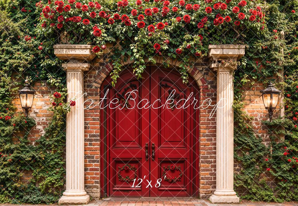 Kate Spring Red Arch Door Floral Fleece Backdrop Designed by Emetselch -UK