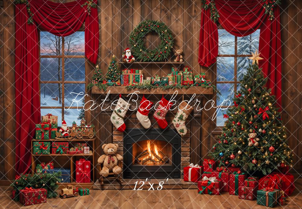 Kate Christmas Tree Fireplace Wooden Fleece Backdrop Designed by Emetselch -UK