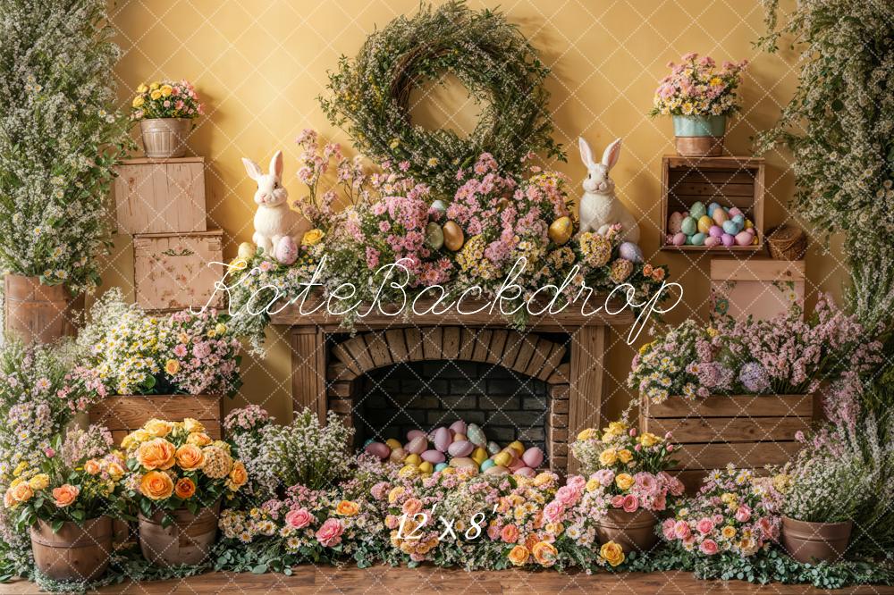 Kate Easter Bunny Floral Fireplace Fleece Backdrop Designed by Emetselch -UK