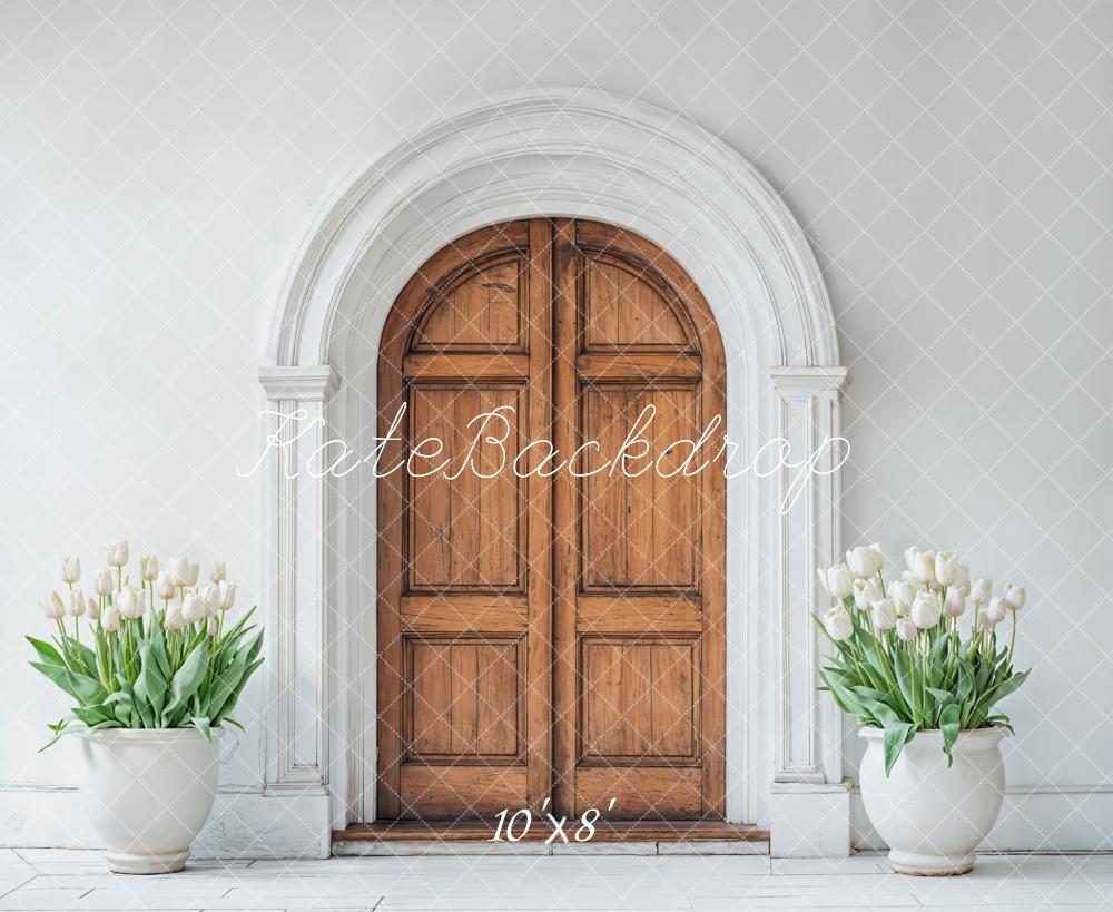 Kate Spring Wooden Arched Door Tulips Fleece Backdrop Designed by Emetselch -UK