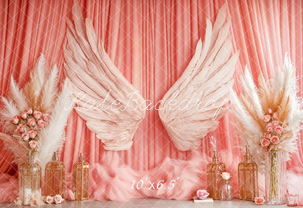 Kate Boho Angel Wings Pink Curtains Fleece Backdrop Designed by Emetselch