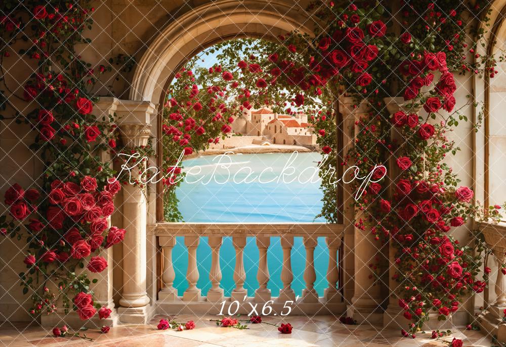 Kate Valentine Roses Arch Balcony Lake Fleece Backdrop Designed by Emetselch -UK