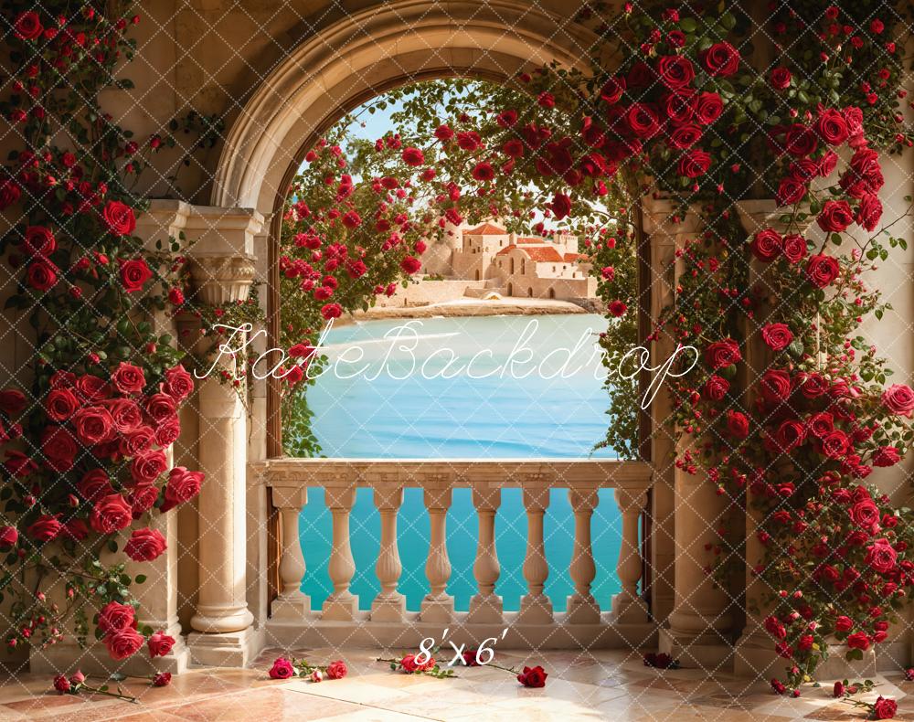 Kate Valentine Roses Arch Balcony Lake Fleece Backdrop Designed by Emetselch -UK