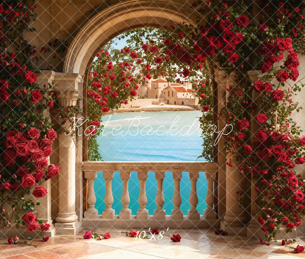 Kate Valentine Roses Arch Balcony Lake Fleece Backdrop Designed by Emetselch -UK