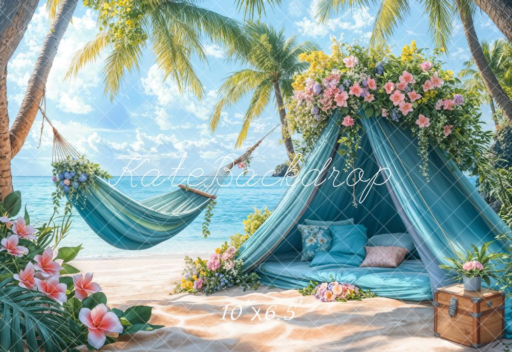 Kate Summer Beach Blue Tent Hammock Fleece Backdrop Designed by Emetselch