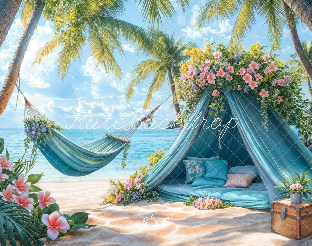 Kate Summer Beach Blue Tent Hammock Fleece Backdrop Designed by Emetselch