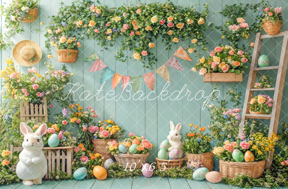 Kate Easter Bunny Floral Eggs Garden Green Fleece Backdrop Designed by Emetselch