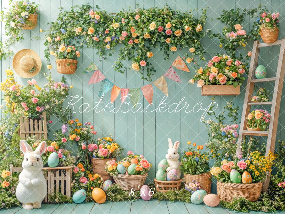 Kate Easter Bunny Floral Eggs Garden Green Fleece Backdrop Designed by Emetselch