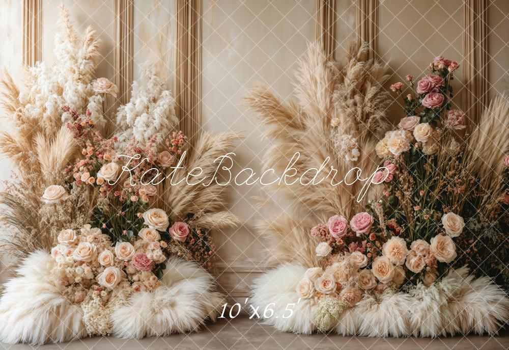 Kate Boho Floral Pampas Grass Fleece Backdrop Designed by Emetselch