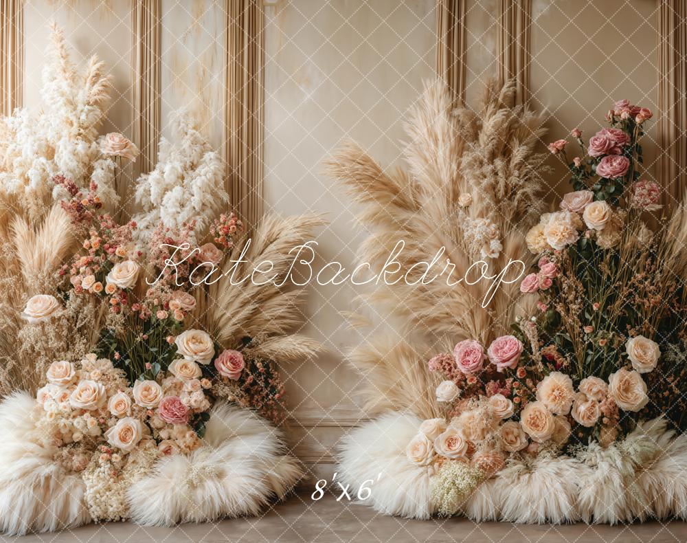 Kate Boho Floral Pampas Grass Fleece Backdrop Designed by Emetselch