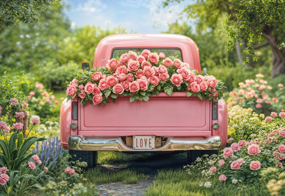 Kate Valentine Pink Truck Rose Garden Fleece Backdrop Designed by Emetselch -UK