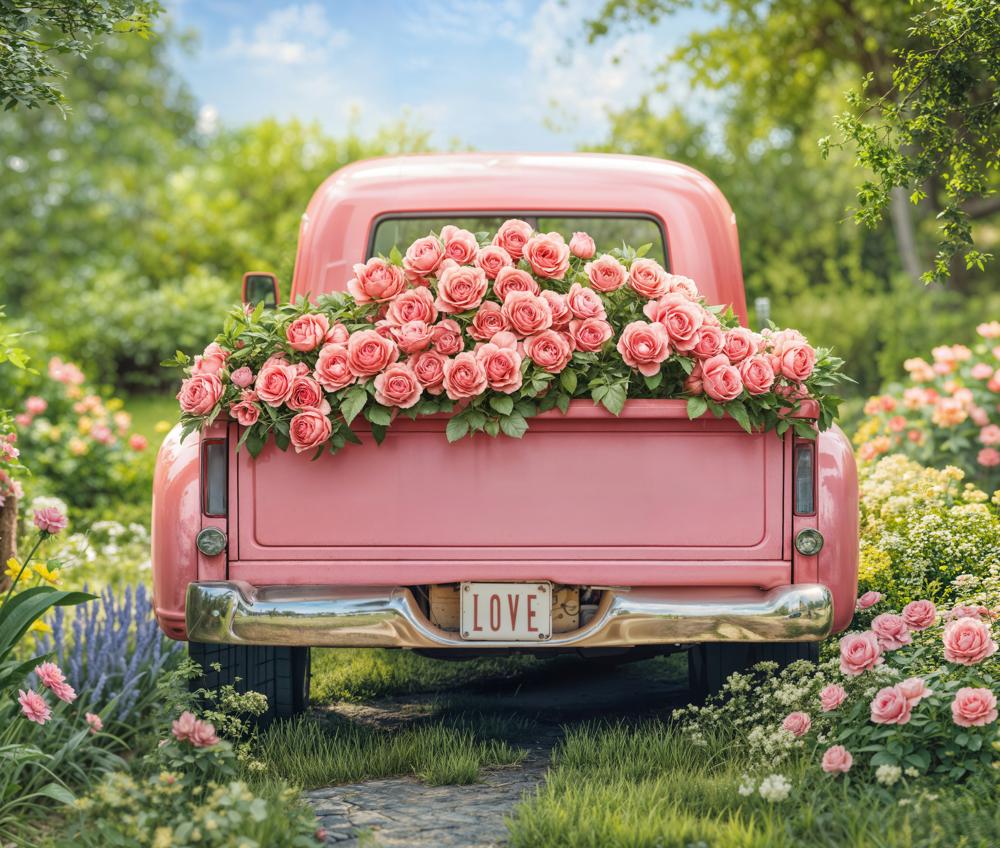 Kate Valentine Pink Truck Rose Garden Fleece Backdrop Designed by Emetselch -UK