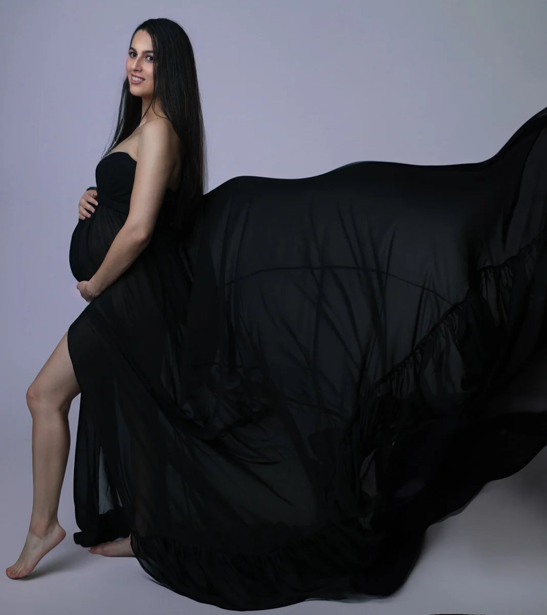 Kate Grey Long Sleeve Satin Maternity Photoshoot Dress