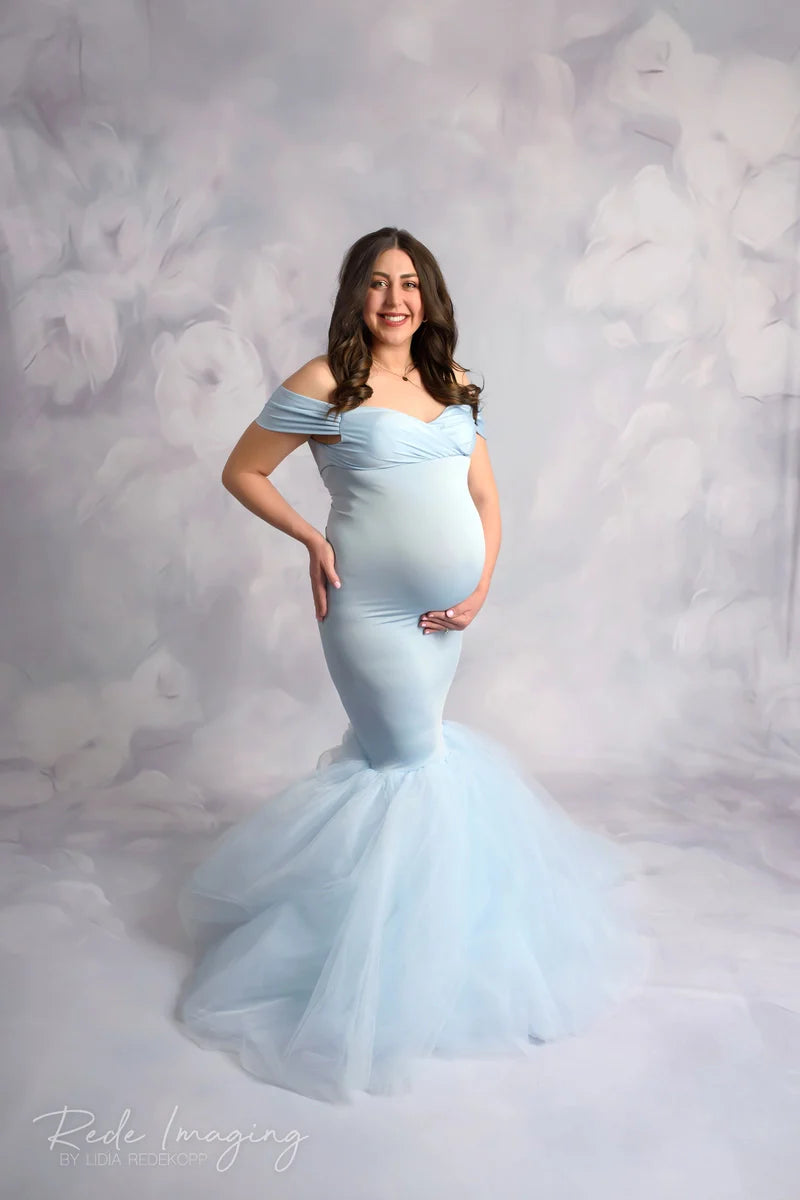 Kate Blue Off Shoulder Satin Maternity Photoshoot Dress -UK