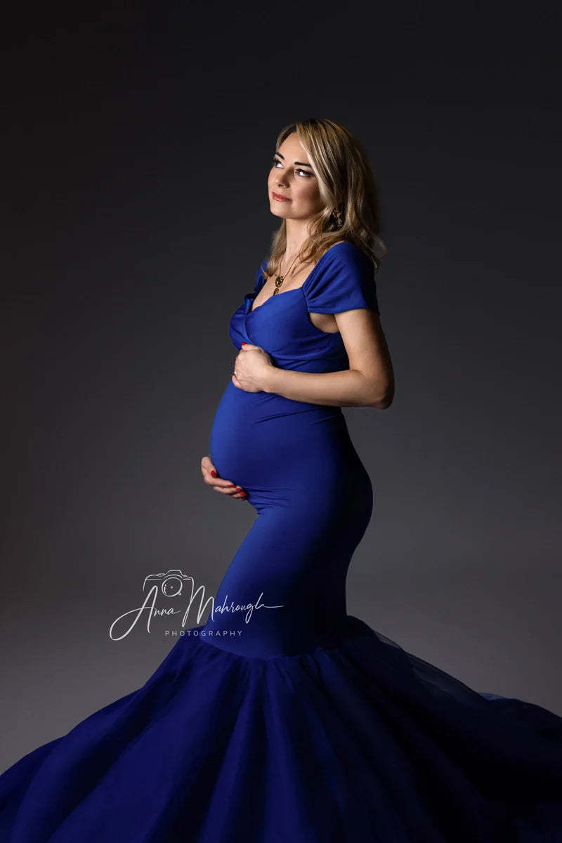 Kate Blue Off Shoulder Satin Maternity Photoshoot Dress -UK