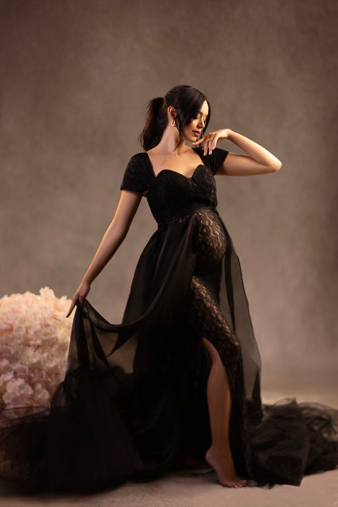 Kate Lace Short Sleeved Strapless Black Maternity Photoshoot Dress