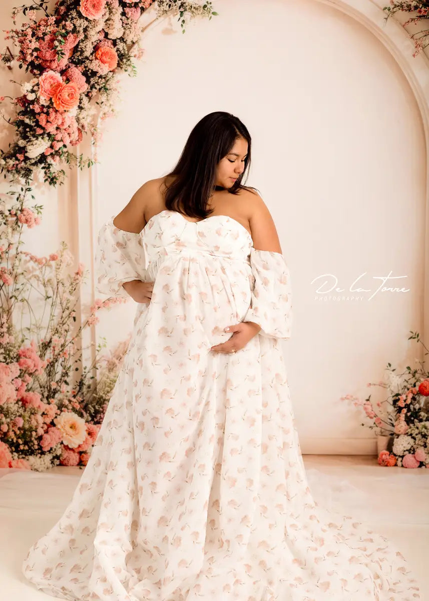 Kate Chiffon Flower Printed White Maternity Photoshoot Dress -UK