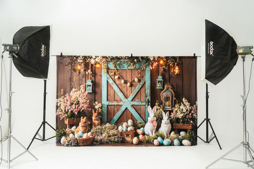 On Sale Kate Easter Bunny Barn Door Floral Backdrop Designed by Emetselch -UK