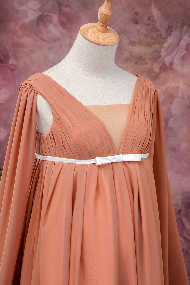 Brown one-shoulder satin maternity dress front detail photo