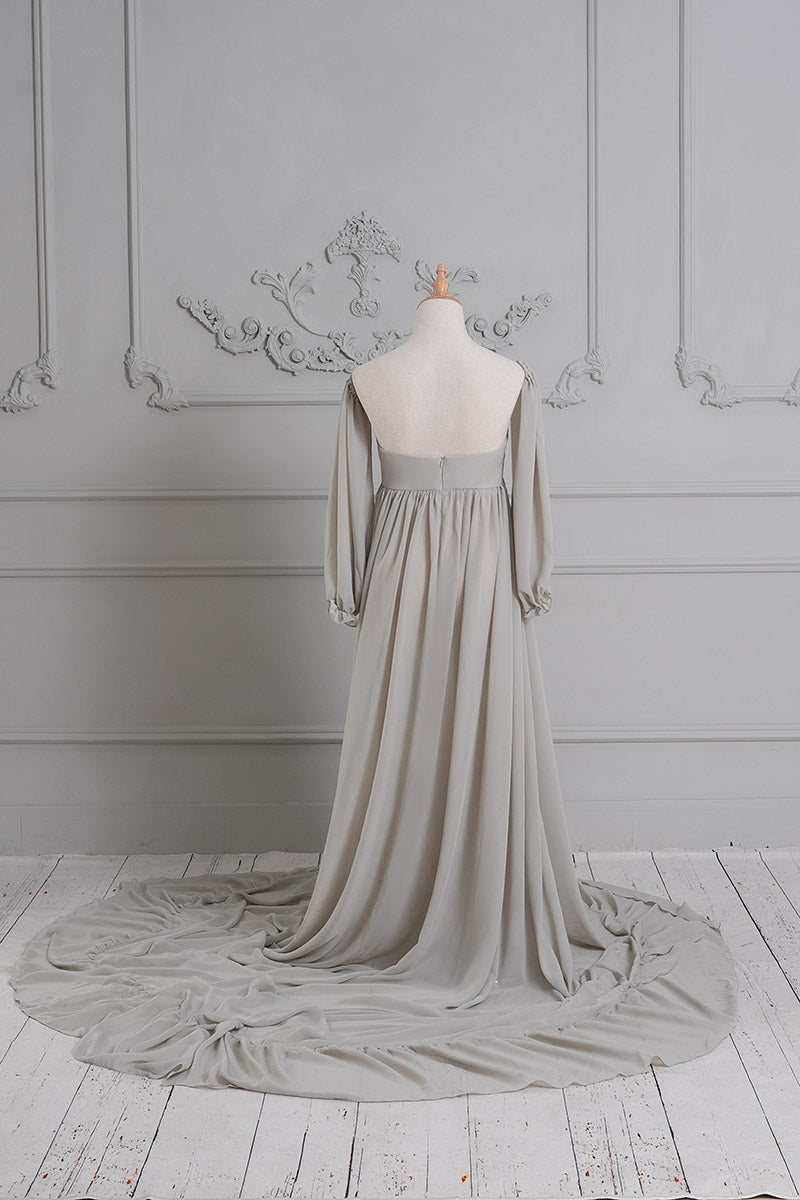 Back view of grey long sleeve satin maternity dress