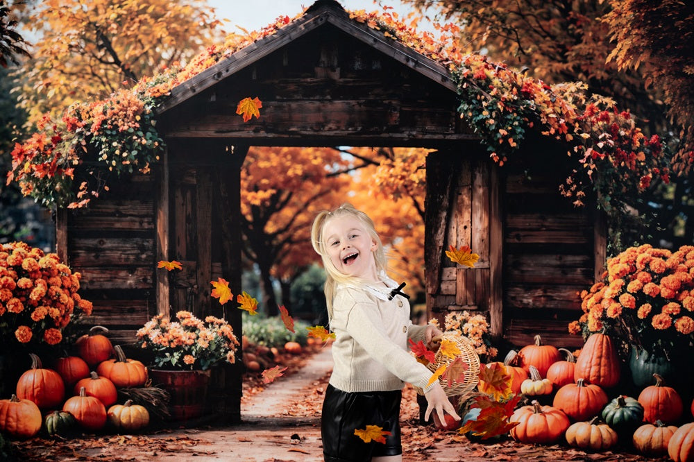 Kate Autumn Forest Pumpkin Brown Barn Door Backdrop Designed by Emetselch -UK