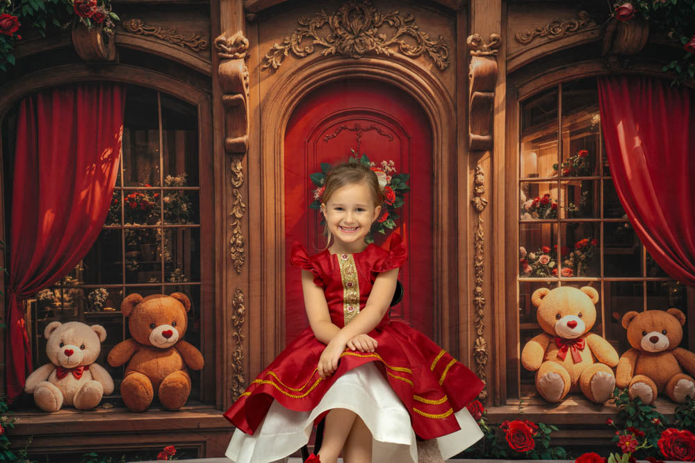 Kate Teddy Bear Retro Roses Door Backdrop Designed by Emetselch -UK