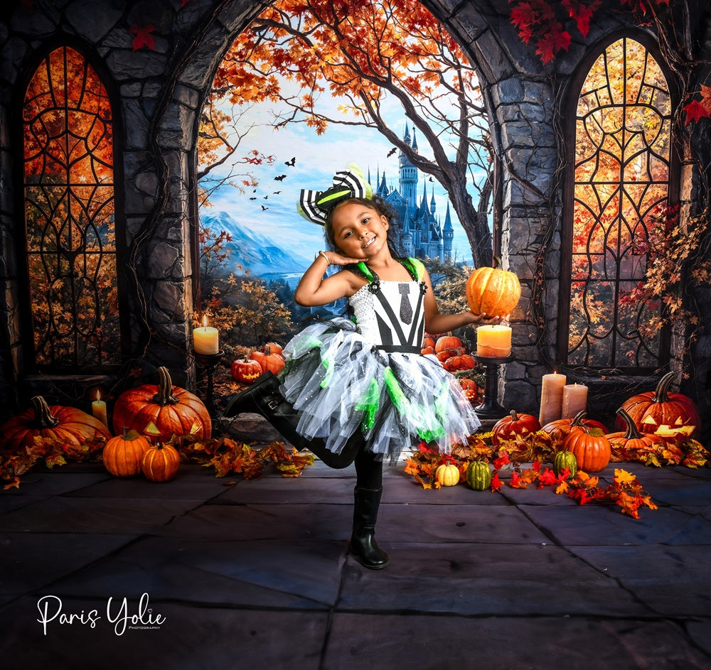 Kate Halloween Arch Maple Castle Pumpkin Backdrop+Stone Pavement Floor Backdrop -UK