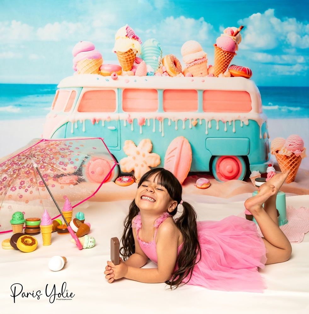 Kate Summer Seaside Cartoon Ice Cream Car Backdrop Designed by Chain Photography -UK