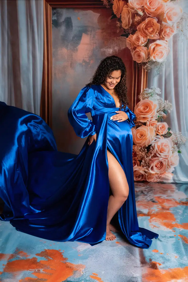 Kate Long Sleeve Satin Blue Maternity Photoshoot Dress