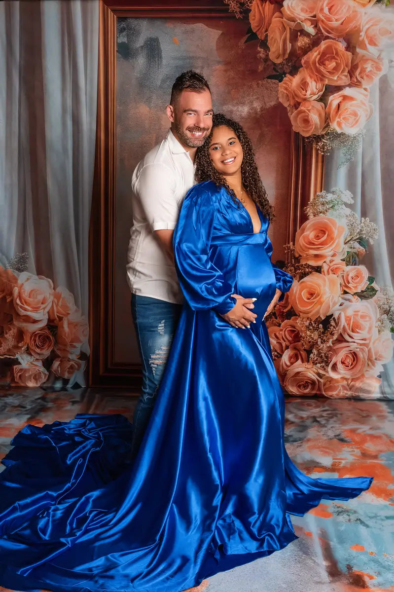 Kate Long Sleeve Satin Blue Maternity Photoshoot Dress -UK