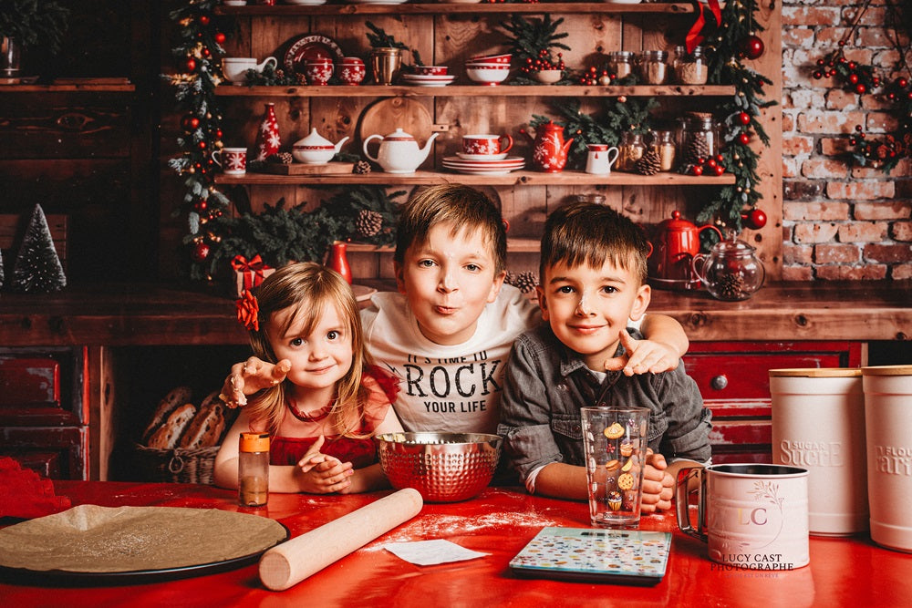 Kate Christmas Kitchen Red Cupboard Backdrop Designed by Emetselch -UK