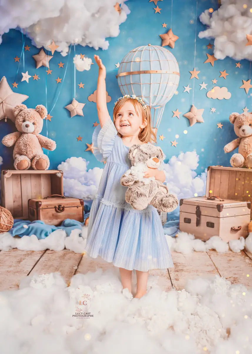 Kate Cartoon Hot Air Balloon Teddy Bear Blue Backdrop Designed by Emetselch -UK