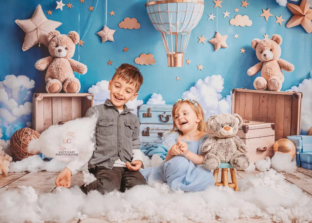 Kate Cartoon Hot Air Balloon Teddy Bear Blue Backdrop Designed by Emetselch -UK