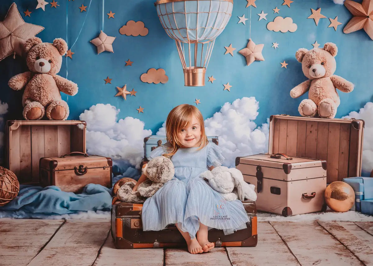 Kate Cartoon Hot Air Balloon Teddy Bear Blue Backdrop Designed by Emetselch -UK