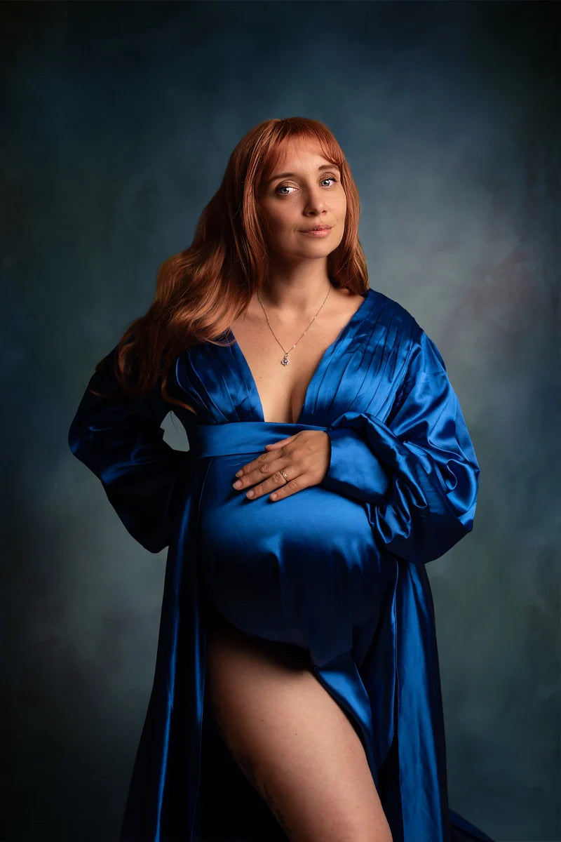 Kate Long Sleeve Satin Blue Maternity Photoshoot Dress -UK