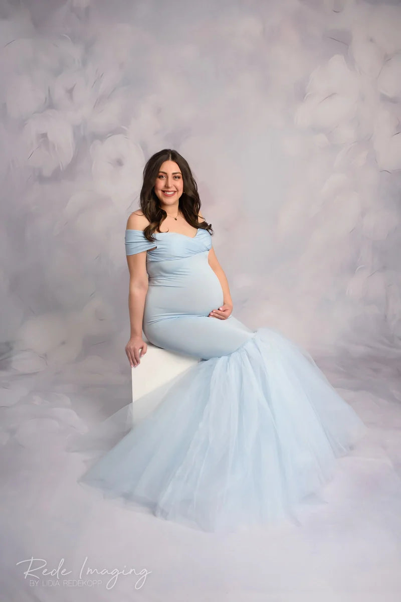 Kate Blue Off Shoulder Satin Maternity Photoshoot Dress -UK