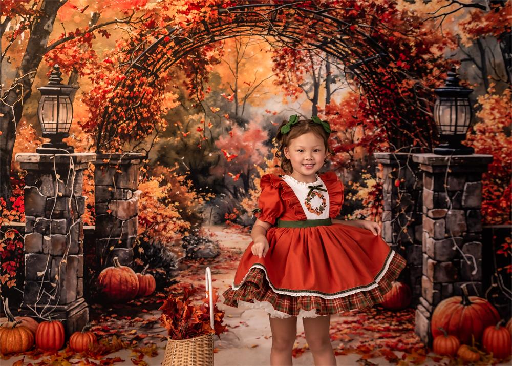 Kate Autumn Retro Watercolor Forest Pumpkin Arch Gate Backdrop Designed by GQ -UK