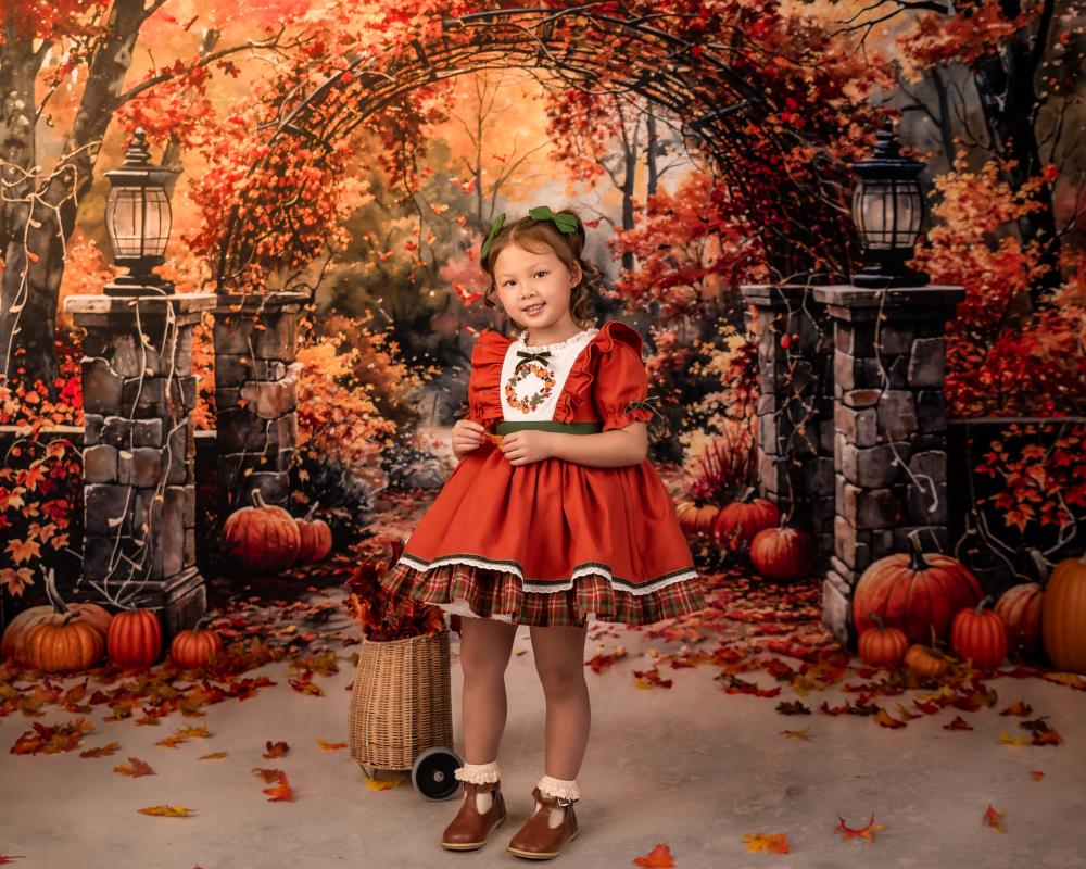 Kate Autumn Retro Watercolor Forest Pumpkin Arch Gate Backdrop Designed by GQ -UK