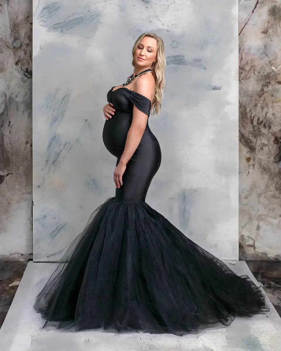 Kate Blue Off Shoulder Satin Maternity Photoshoot Dress -UK