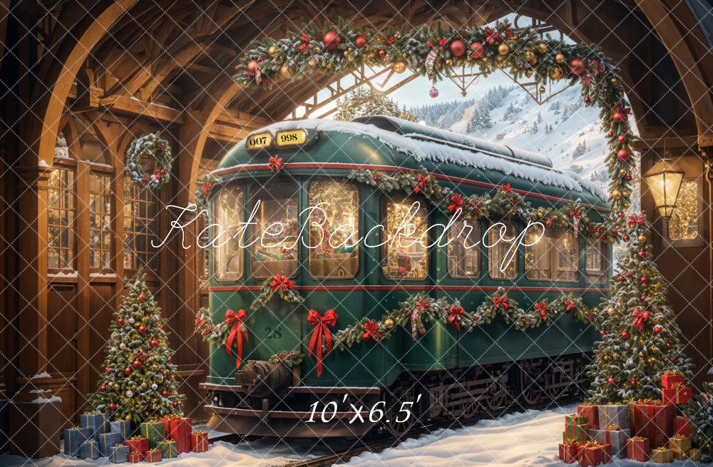 Kate Christmas Tree Green Retro Train Backdrop Designed by Emetselch -UK