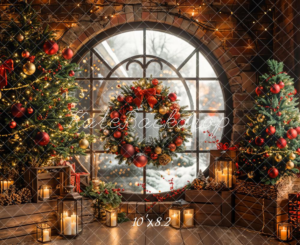 Kate Winter Christmas Circular Window Brick Wall Backdrop Designed by Emetselch -UK