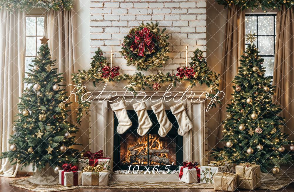 Kate Winter Christmas Tree White Retro Fireplace Backdrop Designed by Emetselch -UK