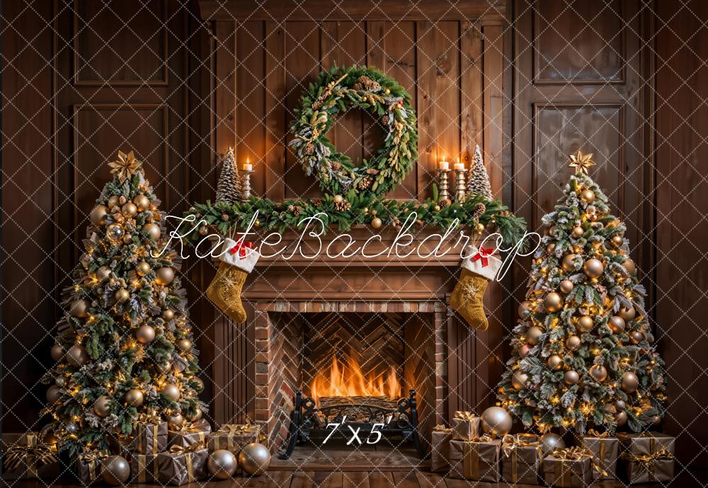 Kate Christmas Brown Fireplace Vintage Wall Backdrop Designed by Emetselch -UK