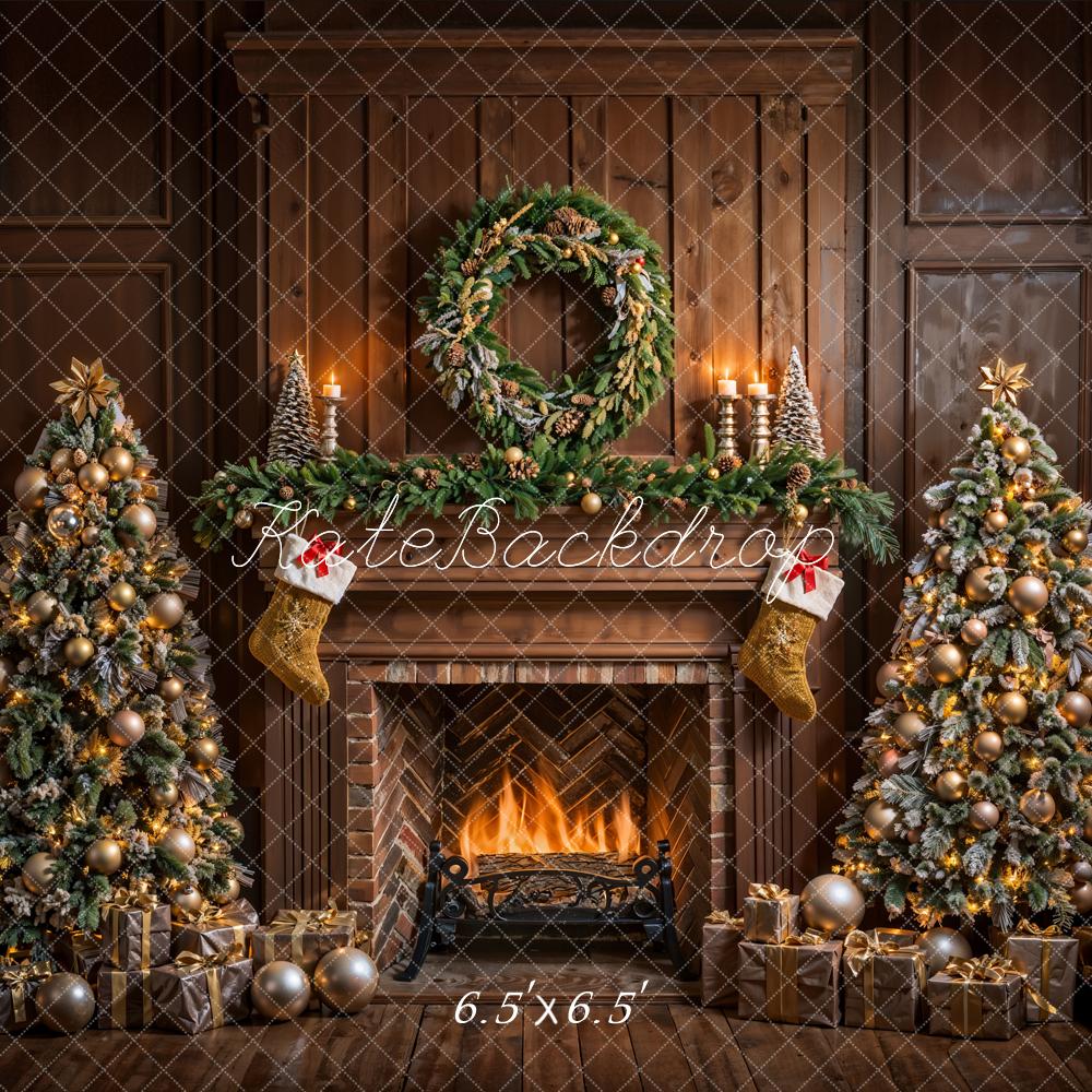 Kate Christmas Brown Fireplace Vintage Wall Backdrop Designed by Emetselch -UK